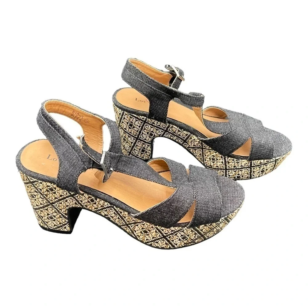 Lov Mark Denim Wicker Platform Sandals NWOT